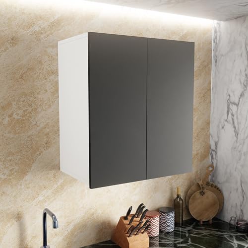Image of 2 Door Multipurpose Wall Mounted Cabinet with Adjustable & Fixed Shelf | Storage for Modular Kitchen, Bathroom, Office & Living Room | Assembly-DIY | Color-White & Grey | Size-60x33x63.8 Cm