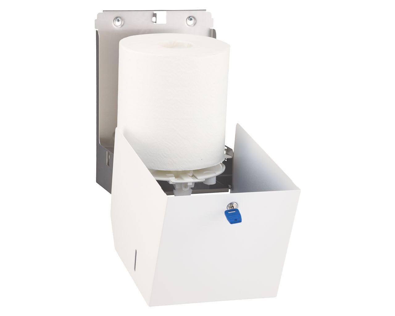 Merida Dispenser Asciugamani Rotolo Acciaio Inox Bianco Parete Carta Foglio | Dispenser di rotoli asciugamani, acciaio inox bianco, rotolo 20 x 25 cm, inserto dosatore, con serratura, 31,3 x 22 x 21,3 cm