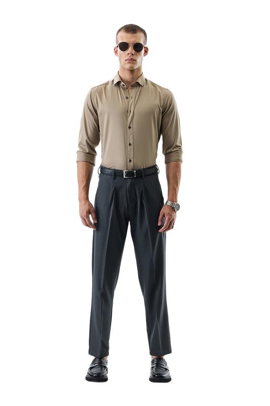 Image of SNITCH Men Formal Trousers | Regular Fit Pleated Front with Turned-Up Hem | Polyester Blend & Medium Stretch Fabric for Office & Winter Wear