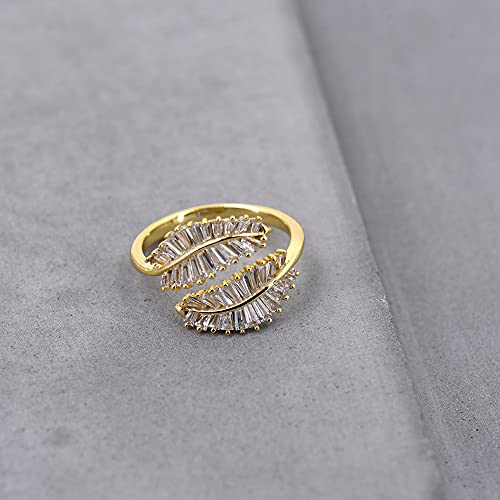 Vescence 18K Gold Plated Cz Open Ring Double Leaf Wrap Rings Adjustable | Cz Stacking Ring In Gold | Unique Statement Ring Cocktail Party Ring Hypoallergenic (Ves-2021-R-2-L) #TOP6