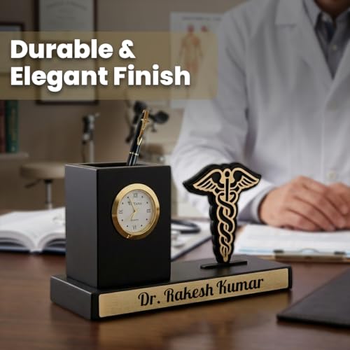 Image of Giftana 2 in 1 Personalized Desk Table Organizer with Pen Gift Set for Doctors, Customized Pen Stand Table Clock & Calendar, Customised New Year Corporate Gift Set for Employee (Doctors Symbol)