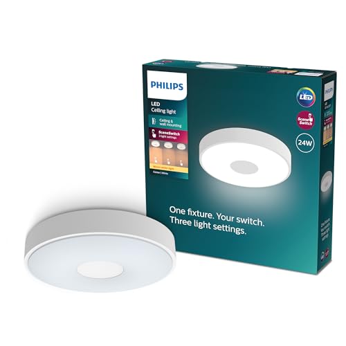 Philips Coiner LED Ceiling Light, SceneSwitch, 24W, 2800lm, 2700K Warm White Light, EyeComfort, Dimmable Ceiling Lamp, IP20, Round, White