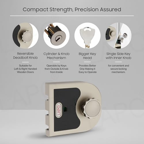 Image of LAPO Plum Lock, Vertibolt Ultra XL+, Deadbolt for Main Door, Left /Right-Handed Door, Inside Opening Door Lock with Reversible Lever Knob, Works with Single & Double Door, 3 Keys,Matt Finish