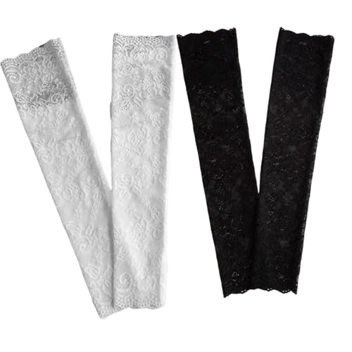 UV Protection Lace Arm Sleeves Floral Fingerless Gloves Summer Driving Gloves for Wedding Parties 2Pairs Black and White