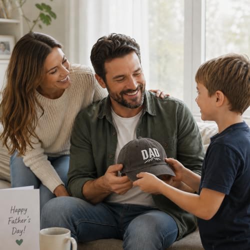 Image of Dad Hat for Men, Washed Cotton Baseball Cap with Brown Leather Patch, Adjustable