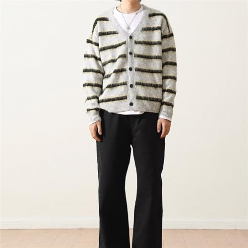 Men's Vintage Stripe Print Cardigan Sweater Long Sleeve V Neck Streetwear Sweater Knit Loose Fit Casual Sweaters3