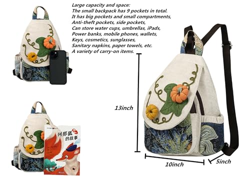 Image of Travel Bags for Women Mini Cute Boho Coquette Vintage Handmade Adjustable Strap Fashion Western Hemp College Backpack Hiking Bag Personal Item Travel Bag Pumpkin