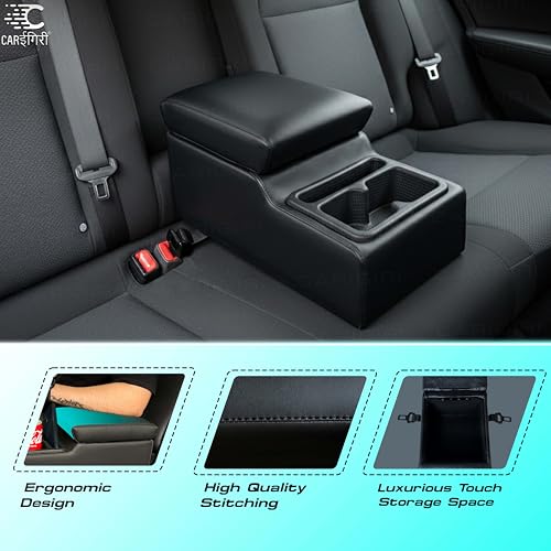 Image of Carigiri Premium Car Rear Seat Armrest for All Cars (Universal) with Ergonomic Foam And Storage Box (Nappa Leatherette,Premium Stitching) (Black with Black Stitching)