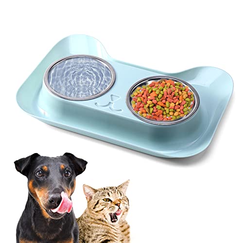 EACHPT Comedero Gato, Doble Comederos para Gatos, Comedero Gatos Doble, Cuenco antiderrames con Soporte, Cuenco Desmontable de Acero Inoxidable para Comida de Mascotas para Gatos y Perros (Azul) Cover