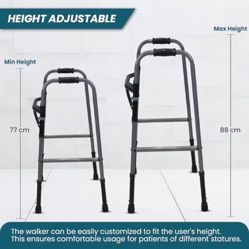 Image of Venante U-Shape Foldable Walker for Elderly and Seniors, Lightweight 100kg Capacity, Mild Steel Frame, Height Adjustable Walking Aid for Men and Women, Premium Rubber Shoes (Grey)