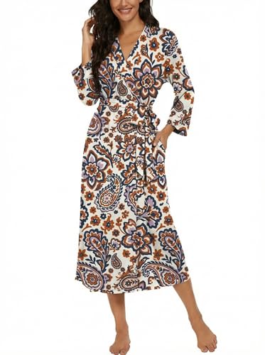 Image of VINTATRE Robes for Women Long Knit Bathrobe XS-4XL | 3 /4 Sleeve Bathrobes with Pockets, Stretchy and Lightweight Fabric, Inner Tie and Fixed Outer Matching Belt, Mid Calf Length