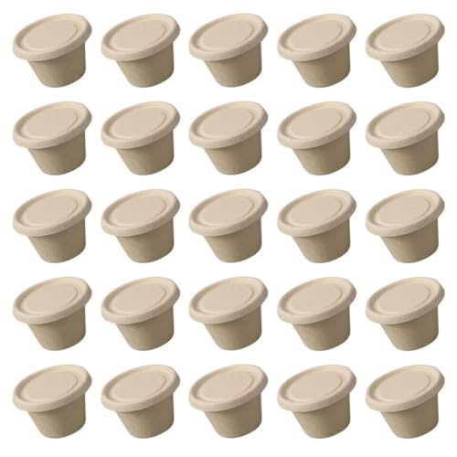 NUSITOU Scatole per Salsa Biodegradabili 4 Oz 50 Pezzi Coperchio Sigillante, Contenitori per Condimenti da Asporto in Cellulosa, Piccole Tazze per Salsa Leggere per Picnic, Ufficio