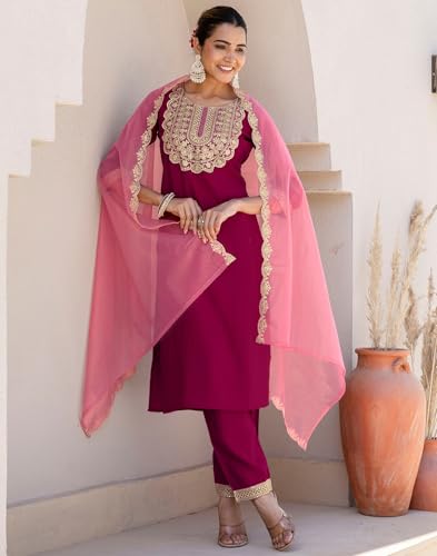 Image of SIRIL Women's Rayon Viscose Sequence Embroidery Work Straight Kurta Pant with Dupatta Set