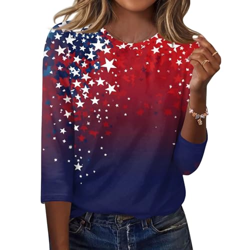 Women's Tops 3/4 Length Sleeve Dressy Casual Shirts 0 Neck Star and Stripe T Shirt Fashion Flag Printed Blouse
