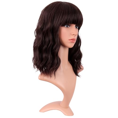 Image of MapofBeauty 14 Inch /35 cm Short Wavy Curly Women Fresh Bright Synthetic Ordinary Flat Bangs Bob Wig (Dark Brown)