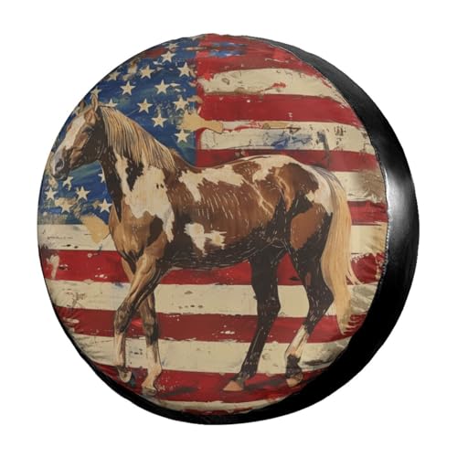 Image of Delerain Horse American Flag Spare Tire Cover for RV Trailer SUV Truck and Many Vehicle, Wheel Covers Sun Protector Waterproof (15 Inch for Diameter 27 inch-29 inch)
