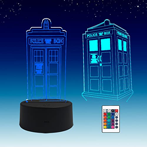 Sosowlight 2 en 1,Tardis Docto Who,lámpara LED de con ilusión 3D, control remoto RGB de 16 colores,escritorio Luz de noche Cover