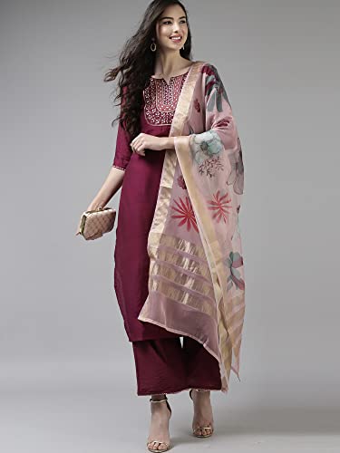Image of INDO ERA Women's Cotton Blend; Organza & Rayon Kurta Palazzo With Dupatta Set