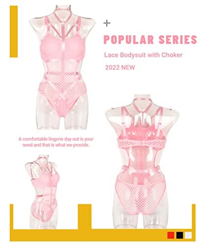 Dewinya Women's Sexy Strappy Cutout Fishnet Teddy Lingerie Bodysuit Set with Choker X-Large Pink - Image 4