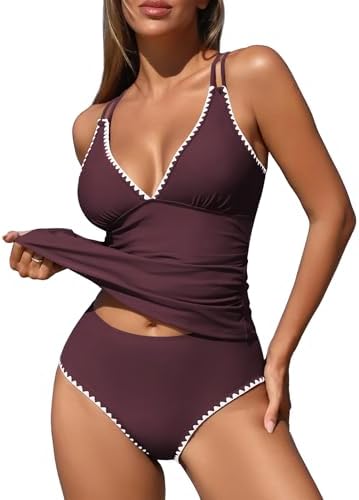 ZAFUL Womens Tankini Swimsuits V Neck Push Up Swim Top Color Block Tummy Control High Waisted Bathing Suits Swim Bottom