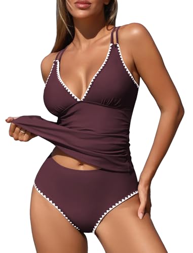 Image of ZAFUL Womens Tankini Swimsuits V Neck Push Up Swim Top Color Block Tummy Control High Waisted Bathing Suits Swim Bottom