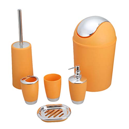 MisFox Set de 6 Accesorios para el Cuarto de Baño con Dispensador de Jabón, Cubo de Basura, Soporte de Cepillo de Dientes, Taza de Dientes, Cepillo de Baño y Jabonera - Naranja Cover