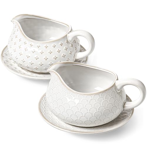 LE TAUCI Gravy Boat with Saucer Stand 24oz, Ceramic Sauce Boat with Tray for Salad Dressings, Creamer, Broth, Black Pepper, Set of 2, Arctic White, Firework+Clover (No Ladle)