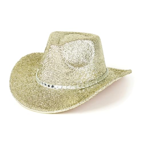 Image of Women Cowboy Hat Western Style Glitter Party Costume Hat | Shimmery Finish, Adjustable Strap Inside, Western Birthday Party, Music Festival and Concerts, Cowboy Costumes Accessories
