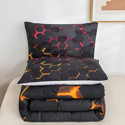 Manfei Honeycomb Comforter Set Full Size Geometric Hexagon Bedding Set 3Pcs For Kids Boys Teens Room Decor Yellow Red Neon Lights Duvet Insert Modern Fashion Luxury Down Comforter With 2 Pillowcases #TOP5