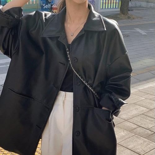 Primavera Otoño Mujeres PU Chaqueta de cuero con solapa Cuello Suelto Ajuste Ligero Abrigo (M Negro)