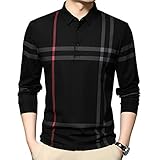 Womleys Mens Casual Striped Slim Fit Long Sleeve Collared T Shirt Polo Shirts (Black, Small)