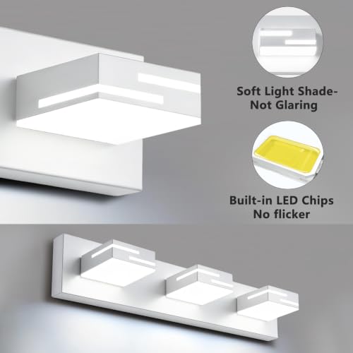 Image of LED Modern Bathroom Vanity Light Fixtures, Dimmable White Vanity Lights for Bathroom Lighting Fixtures Over Mirror, with 360 Rotatable Acrylic Heads 3-Light 22-inch (Cool White 6000K)