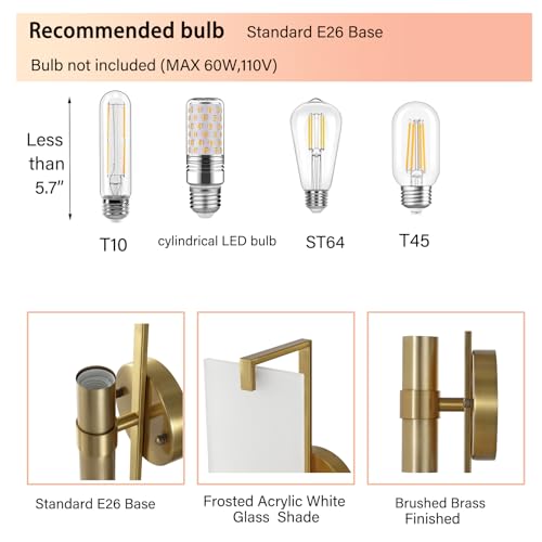 Image of Modern Gold Wall Sconce 2-Lights Mid Century Bathroom Vanity Wall Light Frosted White Acrylic Glass Shade Industrial Pole Wall Mount Lighting Fixture