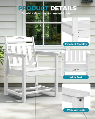 Image of Ciokea Outdoor Patio Dining Chair, HDPE Oversized Porch Chairs with Wide Seat, All-Weather Durable Heavy-Duty Outdoor Furniture for Backyard, Poolside, Lawn & Garden, White