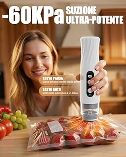 Babacom Macchina Sottovuoto Alimenti Portatile con Serbatoio Visibile, 60kPa Potente Vacuum Sealer, Sigillatura Auto con un Tocco e Modalità Impulso per Alimenti Delicati, 20 Sacchetti Riutilizzabili
