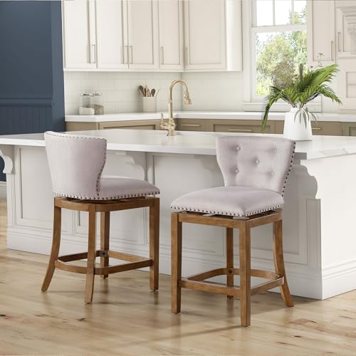 Image of ROME + OAK Carlynd 26 inch Counter Stool, Set of 2 Low Back Swivel Kitchen Barstool in Weathered Oak Finish with Sand Fabric Upholstered Seat