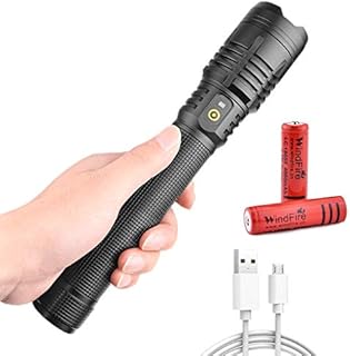 WINDFIRE Powerful Torch XHP90 LED, Brightest 12000 Lumen Tactical Torch 3 Lighting Modes, Zoomable Waterproof Outdoor Camping Torches, Included 2 Recharable Batteries