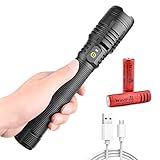 【LINTERNA LED CON ZOOMABLE】 La antorcha LED genera un reflector brillante de área grande o un foco enfocado perfecto. Puede hacer zoom en el cabezal de la linterna, estirándolo para ajustar su enfoque y obtener el haz puntual y los haces de inundación que necesita.