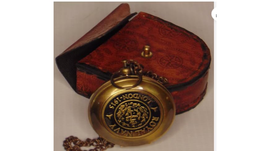 Brújula de navegación antigua de latón macizo con botón pulsador y estuche de cuero miniatura 4