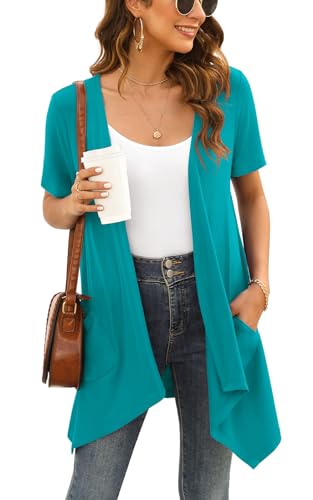 Image of Veryoung Floral Short Sleeve Cardigans for Women Casual Drape Open Front Lightweight Summer Cardigan with Pocket High Low Hem