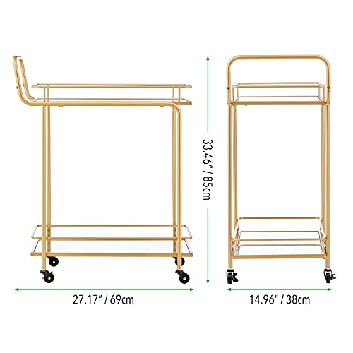 Mdesign Metal Vintage Beverage Rolling Cart For Home - 2-Tier Serving Bar Trolley With Easy-Glide, Rotating Wheels, Built-In Handle, And Glass Shelves For Wine And Craft Beer - Soft Brass #TOP2