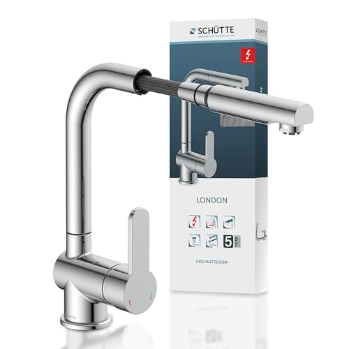 Schütte Niederdruck Küchenarmatur LONDON mit ausziehbarer Geschirrbrause, Armatur für Boiler/Untertischgeräte, 360 Grad schwenkbarer Wasserhahn Küche, Mischbatterie Spültischarmatur 79719, Chrom