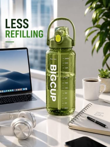 Image of 2600ml Large Water Bottle with Straw & Handle, 2.6L Sports Water Bottle with Time & ML Markings, Big Capacity Gym & Fitness Bottle for Men & Women, Travel, Workout & Outdoor(Green, 2.6 Liter)
