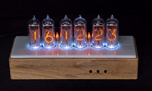 IN-14 Nixie Tube Clock in Marble and Teak Stuffed with Vision and Sound Effects by Millclock (White Italian Marble)