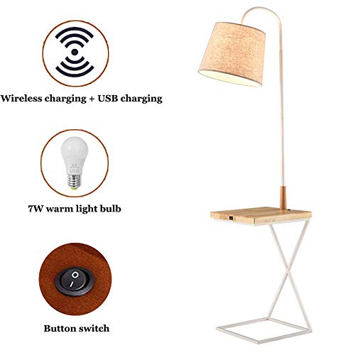Lampadaire trépied 7W LED, lampadaire trépied en fer avec charge sans fil et port de charge rapide USB Lampe de lecture Table en bois pour la maison et le bureau par abat-jour en tissu illuminatif,