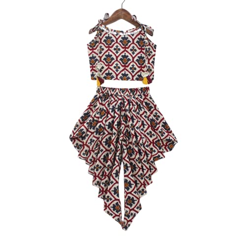 Image of Prawah Kids Girl's Rayon Patola Printed Crop Top With Patiyala Dhoti Set