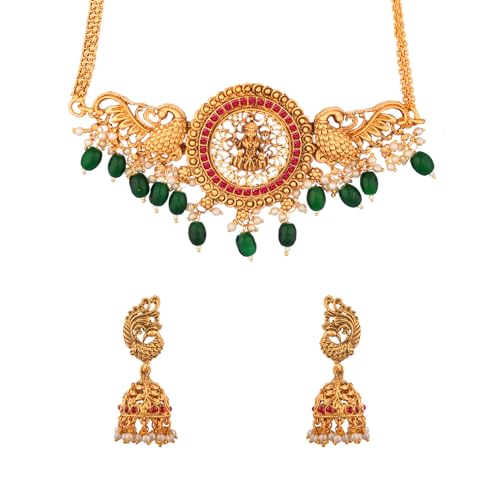 Image of Yellow Chimes Jewellery Set for Women and Girls Temple Jewellery Set for Women | Gold Toned Temple Choker Necklace Set | Birthday Gift for girls and women Anniversary Gift for Wife