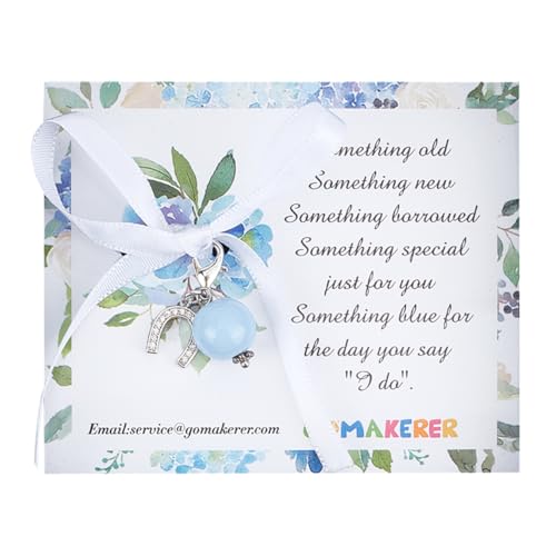 GOMAKERER Something Blue Bouquet Charm, Round Acrylic Pendant Horseshoe Brass Bride Bouquet Pendant Decor Polyester Bowknot Charm Wedding Party Decors Bridal Gifts for Wedding Day
