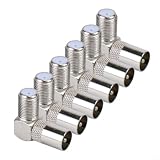 2 Stück F-Buchse auf RF-Stecker, rechtwinkliger Adapter, 90 Grad Zinklegierung, Koaxialstecker für Satelliten-TV und Kabel-Set, vergoldete verlustarme Antennenadapter mit Gewinde-Design (6 Stück)
