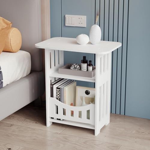 Comodino, tavolino laterale a 3 livelli con ripiano portaoggetti, tavolino bianco, tavolino moderno minimalista per piccoli spazi per soggiorno, camera da letto, bagno, balcone (bianco)
